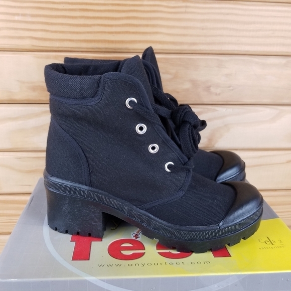 Black Canvas Combat Military Biker Moto Ankle Boots Lace up 7.5M Block Heel NEW - Picture 6 of 10